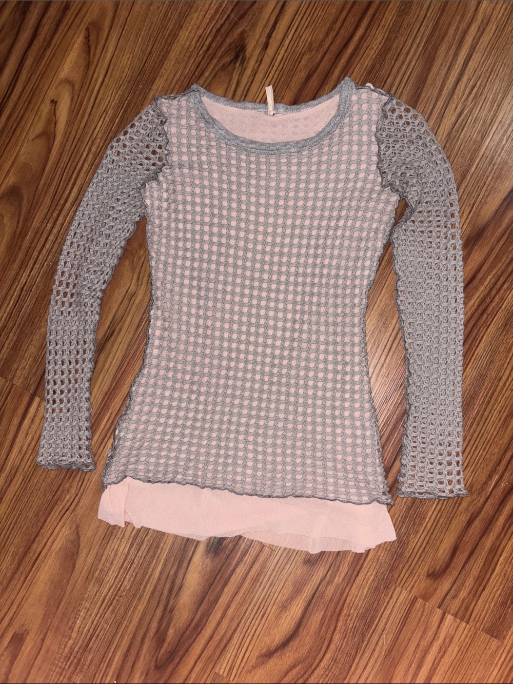 Y2K Pete Pink Layered Knit Top with Gray Crochet Sleeves